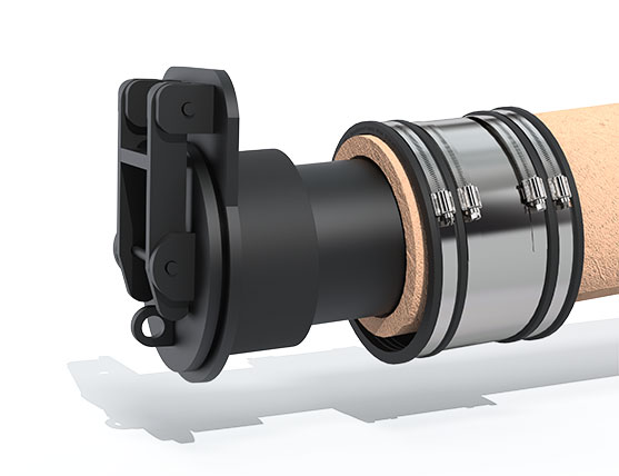 Spigot flap valve being inserted into clay pipe