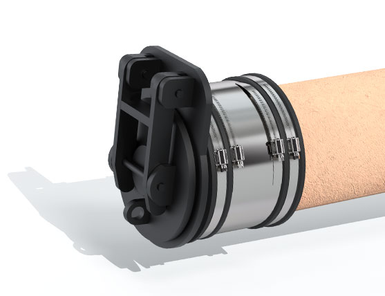 Spigot flap valve installed onto clay pipe with a standard coupling